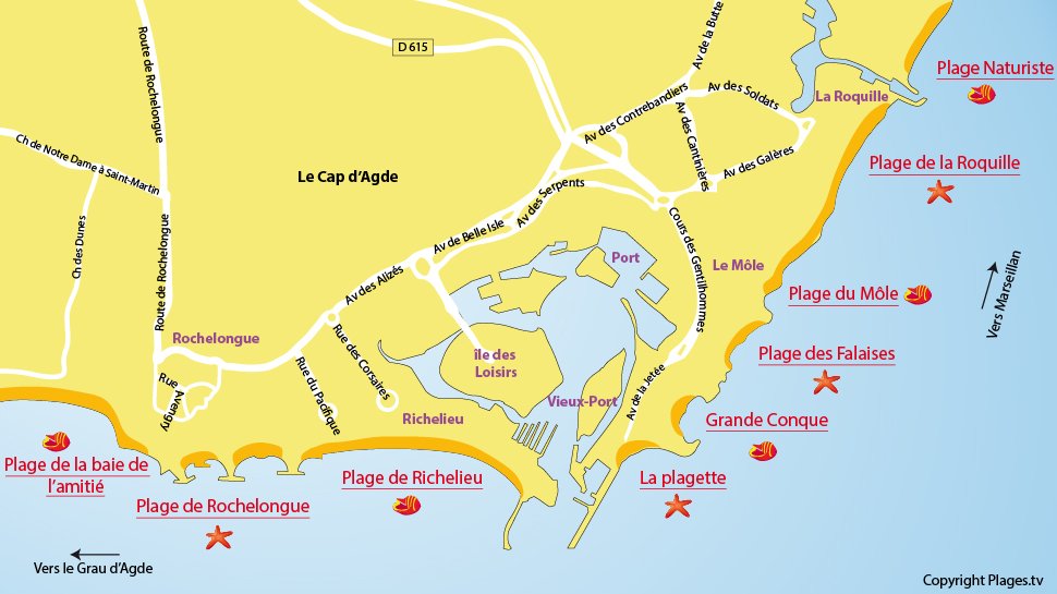 Plan des plages du Cap d'Agde 34