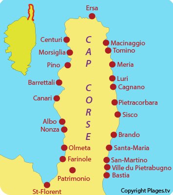 Map of seaside resorts and villages in Cap Corse - France - Corsica