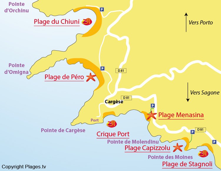 Carte des plages de Cargèse en Corse