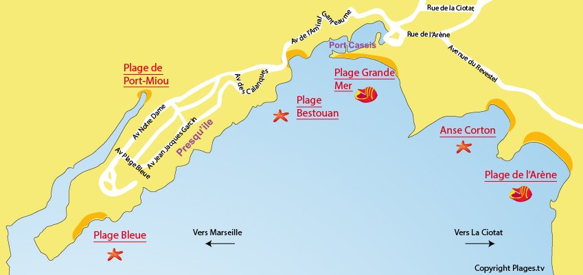 Plan des plages et calanques de Cassis