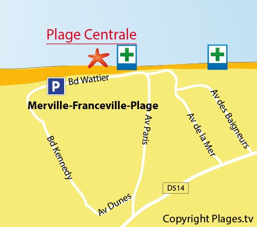 Map of Central Beach in Merville-Franceville