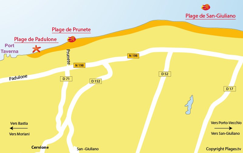 Plan des plages de Cervione en Corse