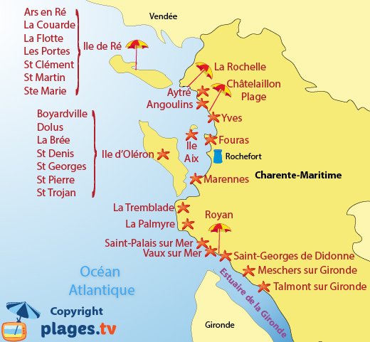 Carte des plages et des stations balnéaires de la Charente Maritime