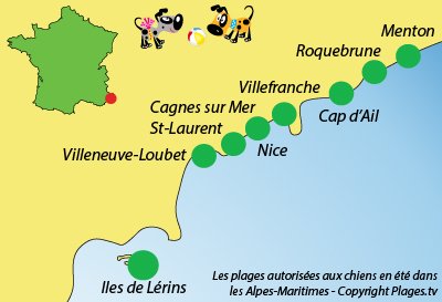 Carte des plages autorisées aux chiens dans les Alpes Maritimes (06)