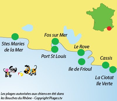 Carte des plages pour les chiens dans les Bouches du Rhône