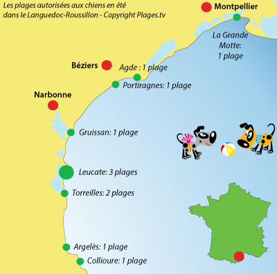 Carte des plages autorisées aux chiens dans le Languedoc Roussillon