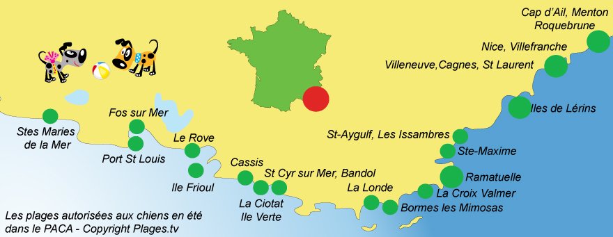 Mappa spiagge per cani in Provenza-Costa Azzurra in Francia