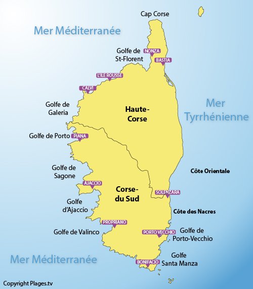 Carte des plages de la Corse et de ses stations balnéaires