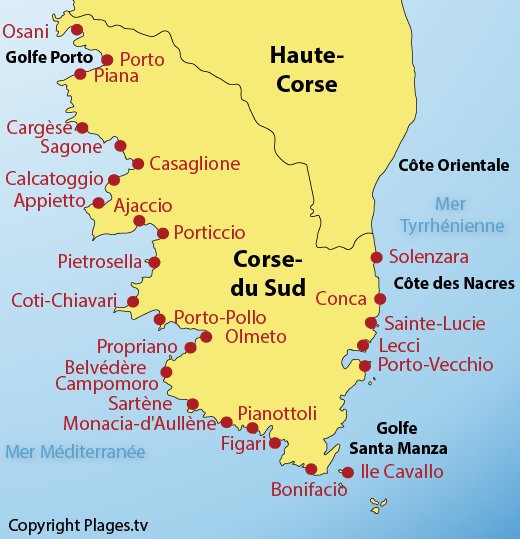 Carte des plages et des stations balnéaires de la Corse du Sud