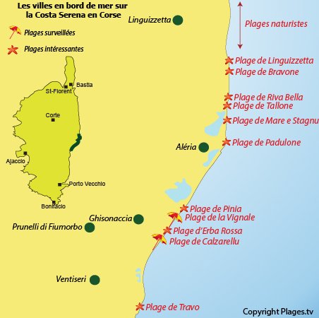 Carte des plages de la Costa Serena en Corse