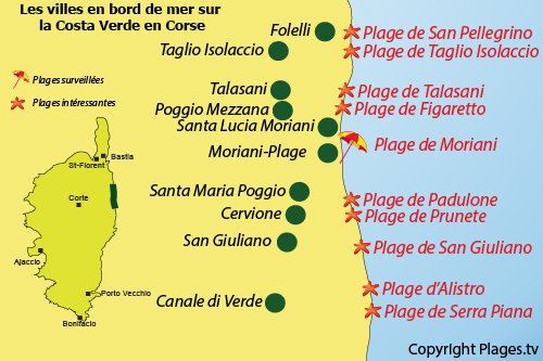 Carte des plages de la Costa Verde en Corse