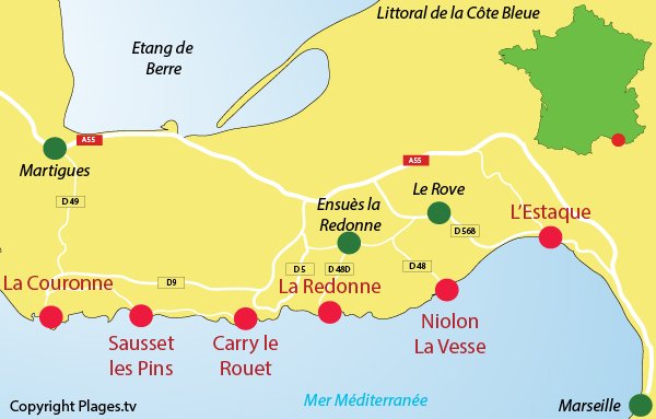 Carte des stations balnéaires et des calanques de la Côte Bleue