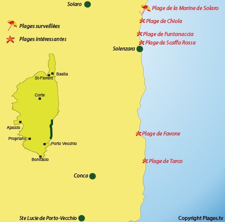 Carte des plages et des stations balnéaires de la Côte des Nacres - Corse