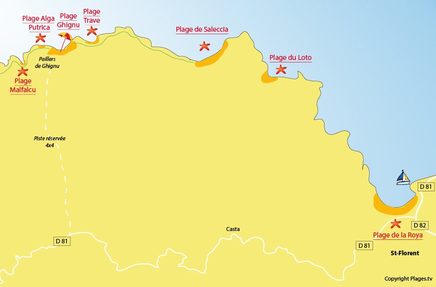 Carte des plages dans le désert des Agriates autour de St Florent et Casta