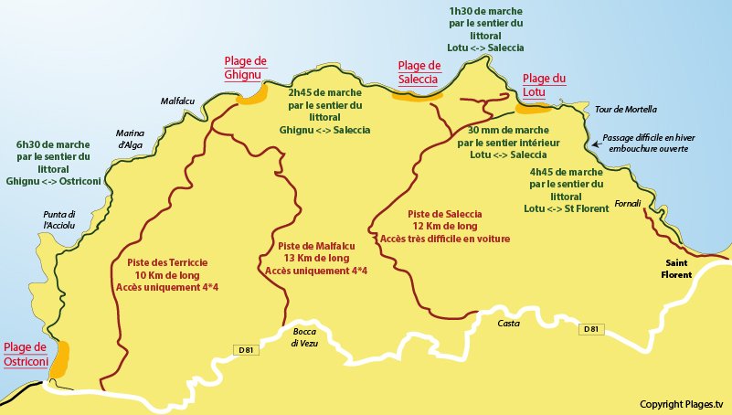 Mappa delle spiagge e l'accesso al deserto di Agriates - Corsica