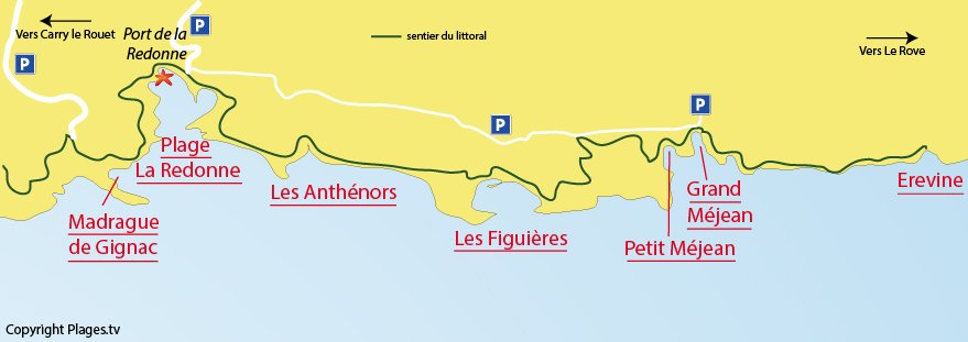 Carte des plages d'Ensuès la Redonne sur la Côte Bleue