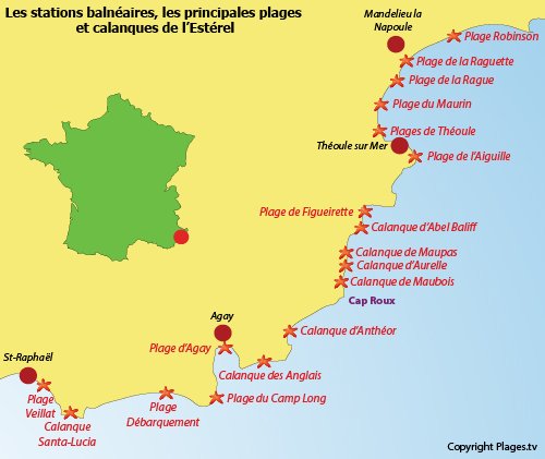 Carte des plages de l'Estérel