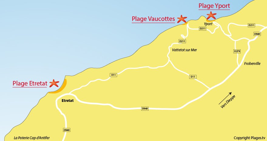 Carte des plages autour d'Etretat en Normandie