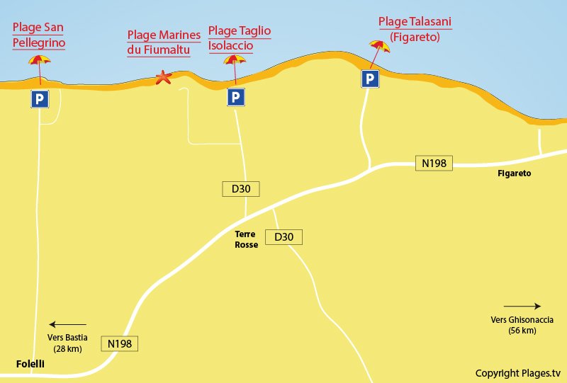 Plan des plages de Folelli en Corse (Penta di Casinca)