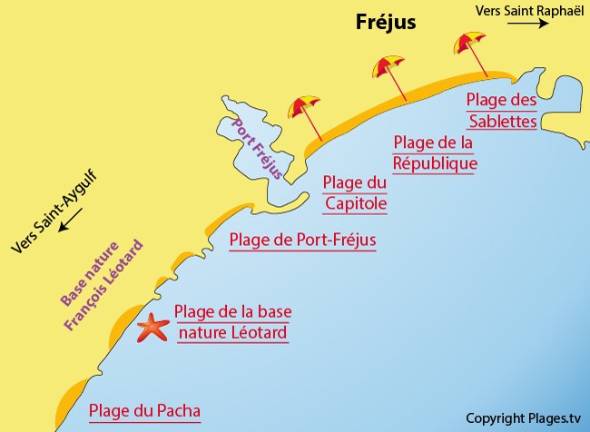 Carte des plages de Fréjus dans le Var