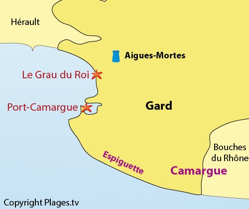 Map of the seaside resorts in Gard department in France