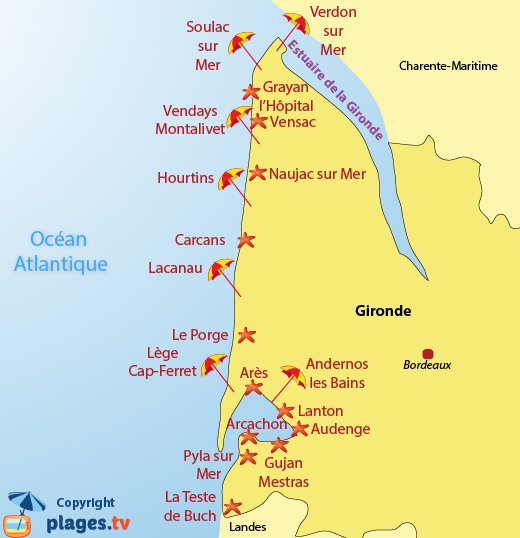 Carte des plages et des stations balnéaires de la Gironde