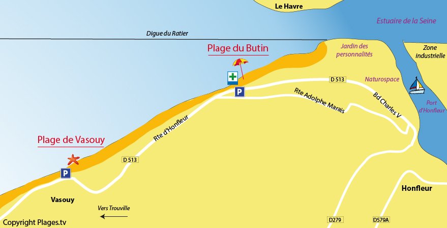 Plan des plages d'Honfleur en Normandie