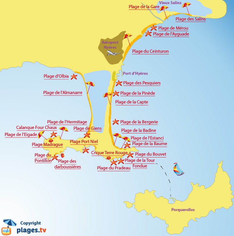 Plan des plages à Hyères et sur la presqu'île de Giens