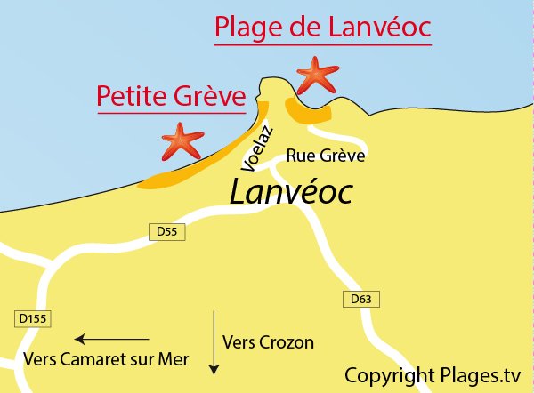 Plan des plages de Lanvéoc sur la presqu'ile de Crozon