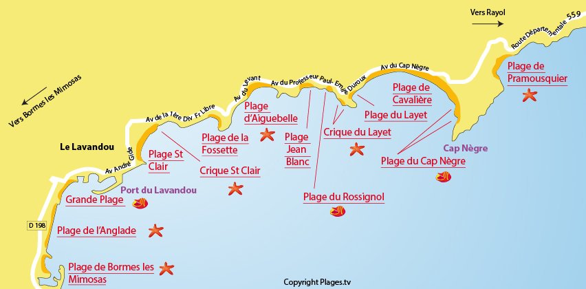 Carte des plages du Lavandou dans le Var