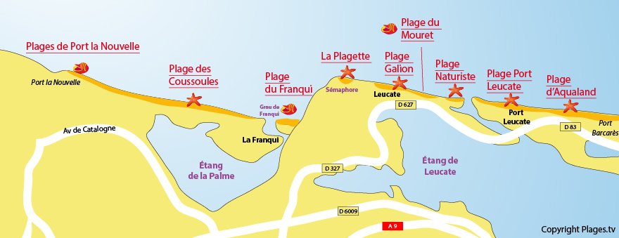 Carte des plages de Leucate dans l'Aude