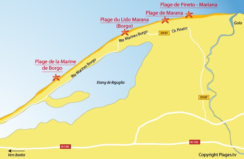 Plan des plages de Lucciana en Corse