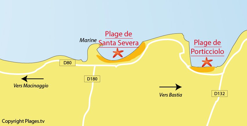 Carte des plages autour de Luri dans le Cap Corse