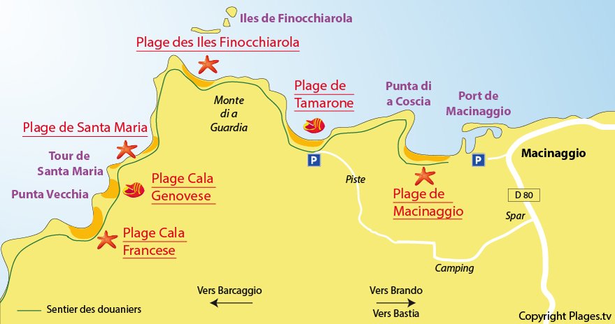 Carte des plages de Macinaggio dans le Cap Corse