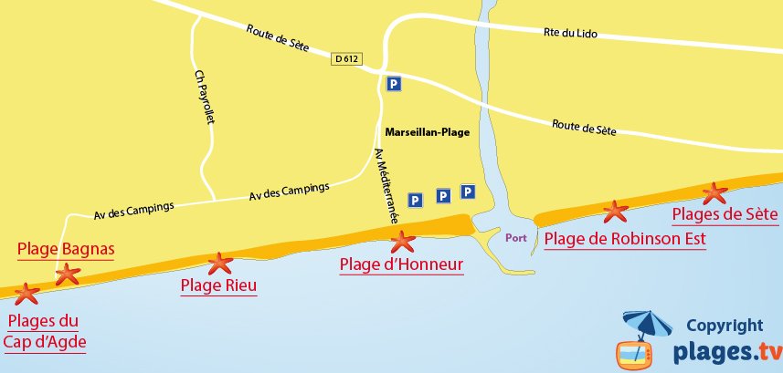 Carte des plages de Marseillan