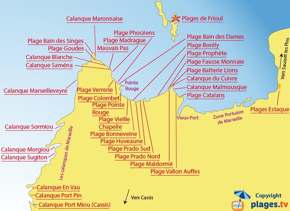 Carte des plages de Marseille