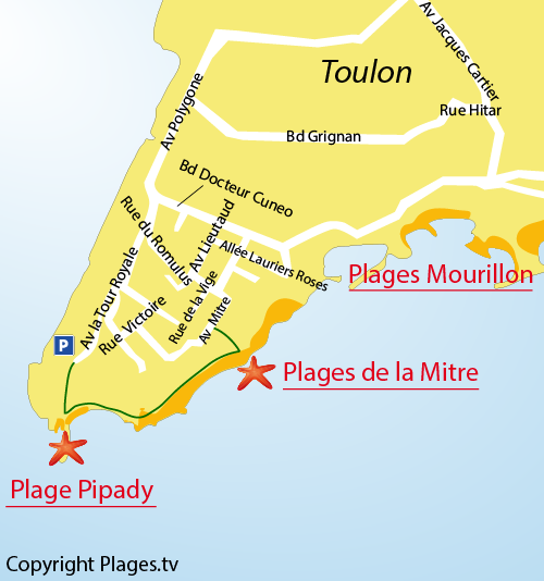 Plan de la plage de la Mitre à Toulon