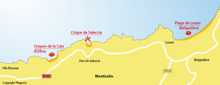 Carte des plages de Monticello en Corse