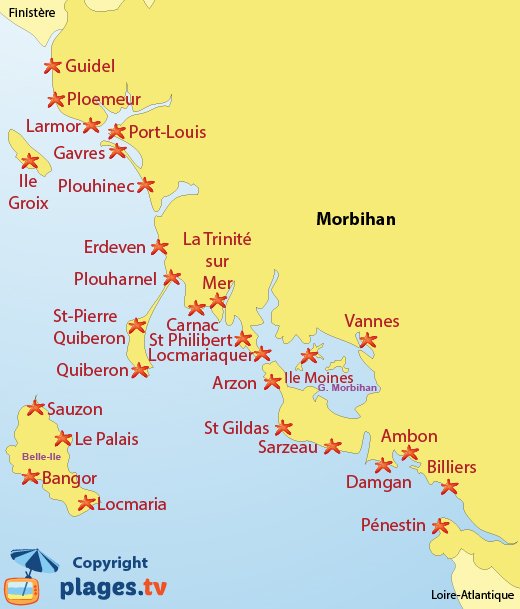 Map of beaches in Morbihan in Brittany in France