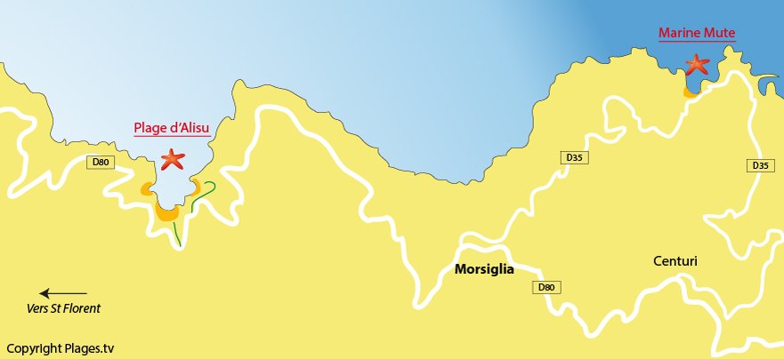 Carte des plages de Morsiglia dans le Cap Corse