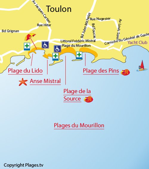 Plan des plages du Mourillon de Toulon