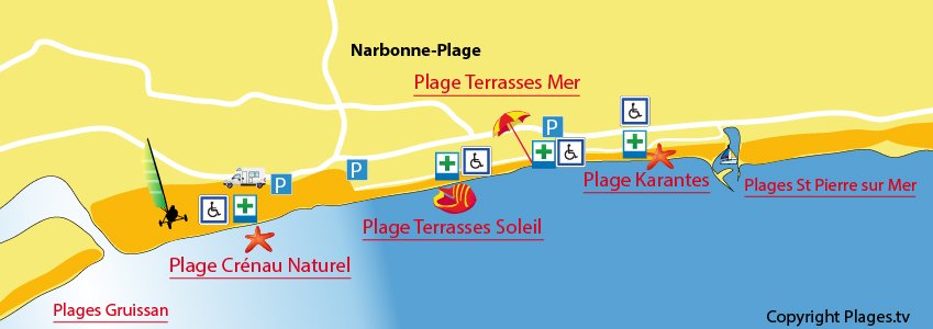 Plan des plages de Narbonne-Plage dans l'Aude