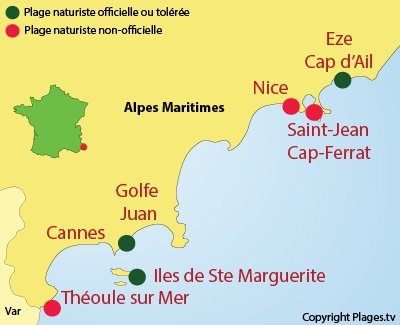 Carte des plages naturistes dans les Alpes Maritimes (06)