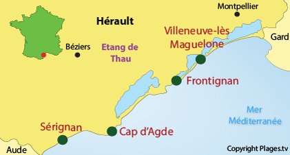 Map of naturist beaches in Hérault in France