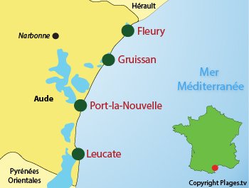 Mappa spiagge nudiste in Aude in Francia