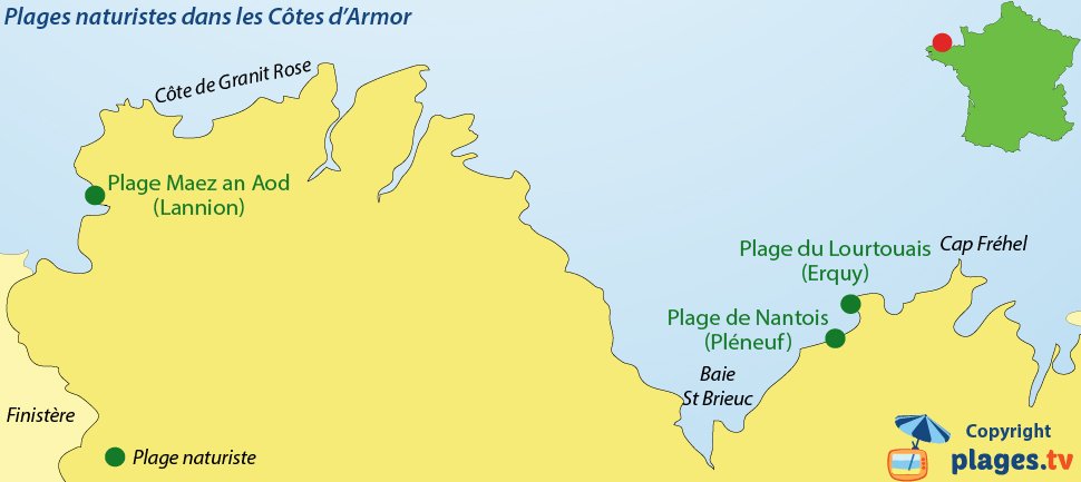 Carte des plages naturistes dans les Côtes d'Armor