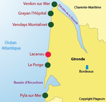 Mappa spiagge nudiste in Gironda in Francia