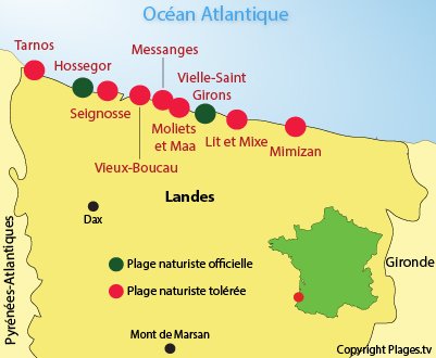 Mappa spiagge nudistes in Landes in Francia