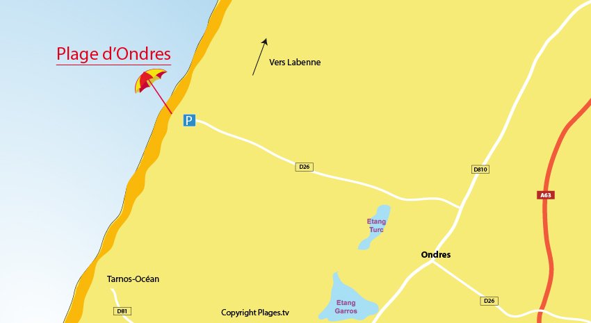 Carte des plages à Ondres dans les Landes