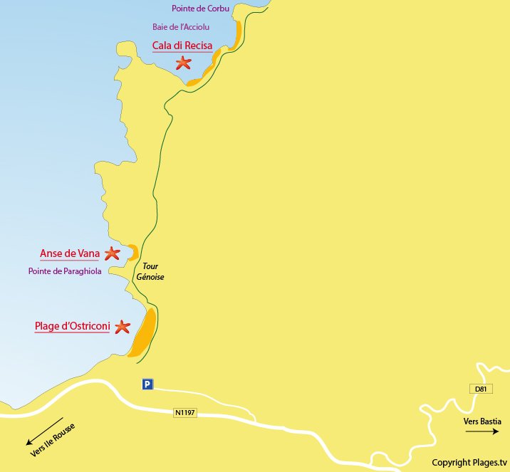 Carte des plages de l'Ostriconi dans le désert des Agriates en Corse